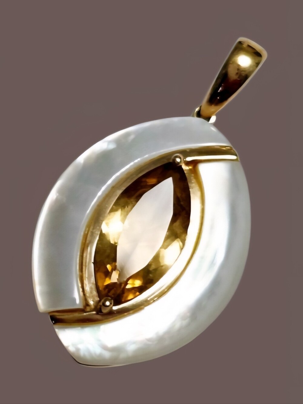 3.45 CTW Citrine & Mother Of Pearl 10K Yellow Gold Marquise Pendant 1.25"